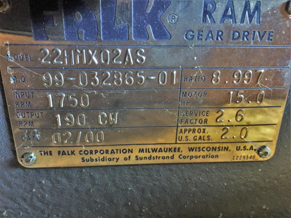 REXNORD FALK RAM GEAR MIXER DRIVE TYPE HMX MODEL 22HMXQ2AS W/ BALDOR 15 HP MOTOR